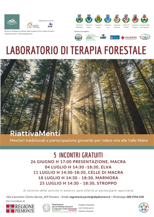 Laboratorio di terapia forestale per giovani previsto nel Progetto Riattivamenti: mestieri tradizionali e partecipazione giovanile per ridare vita alla Valle Maira