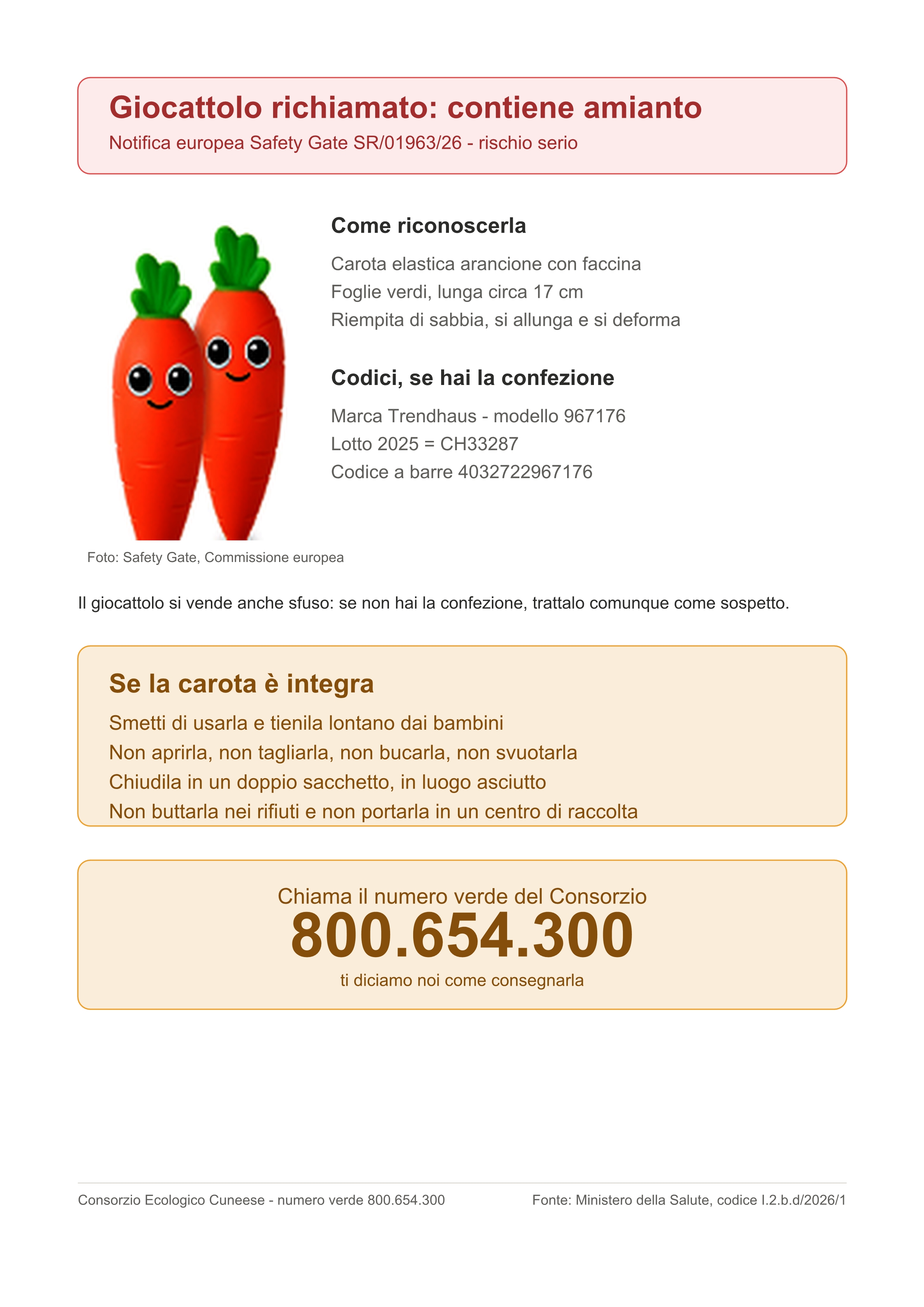 Allerta giocattolo contenente amianto