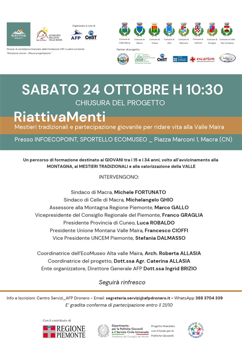 Bando Rigenerazione - La comunità che cura - della Fondazione CRC - Progetto ANZIANI IN VALLE: CHE STILE 2026!!! Programmazione mese di Novembre 2026